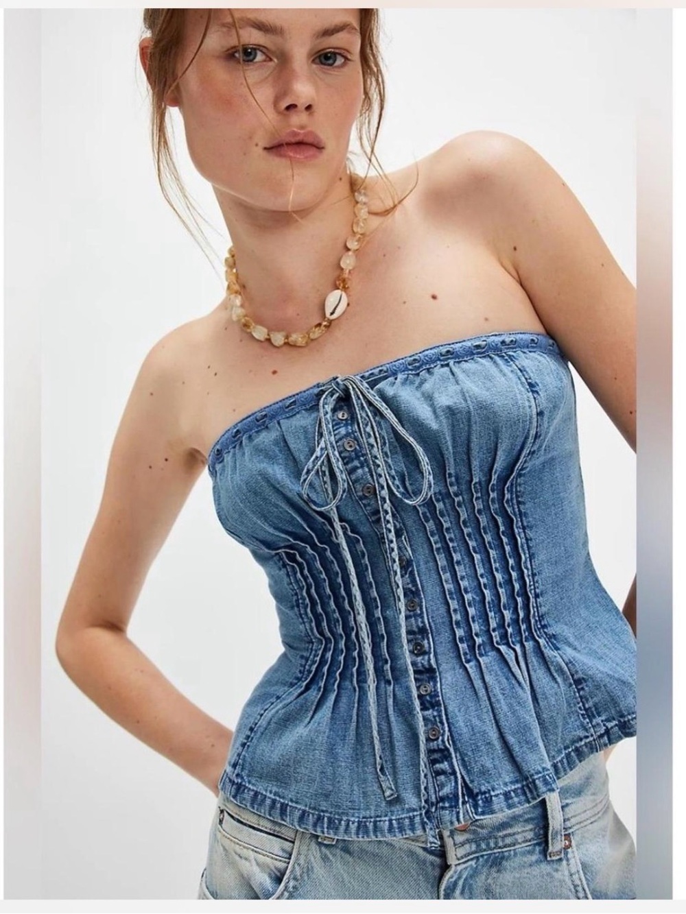 Free People Blue Denim Strapless Corset Camisole